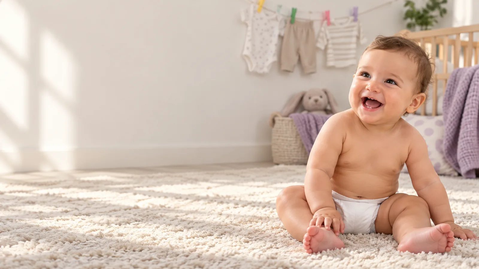 Bebê sorrindo, sentado no tapete do quarto, de fralda branca, com um varal de roupinhas ao fundo
