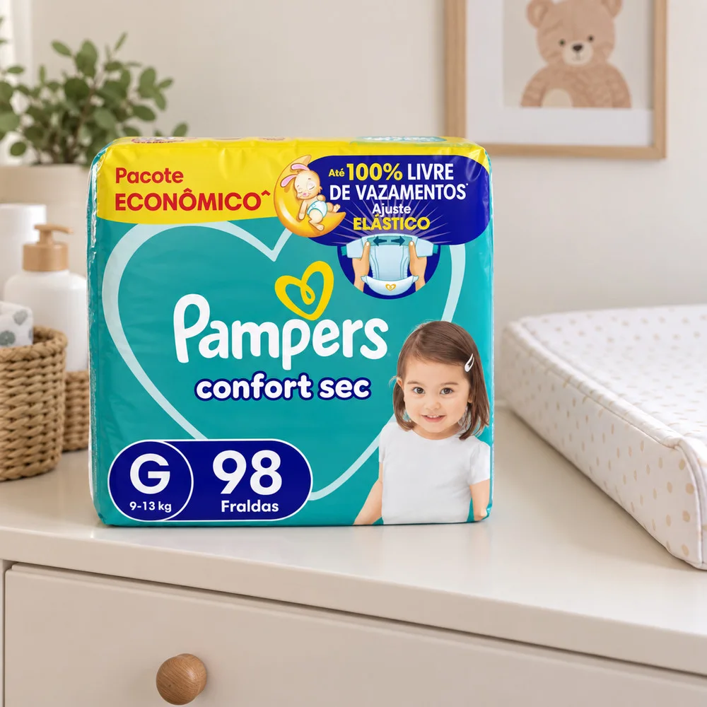 Pacote verde de Pampers Confort Sec G com 98 fraldas em cima de uma cômoda