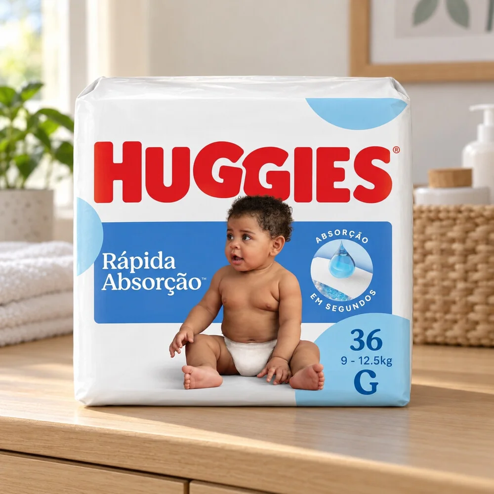 Pacote de Huggies G com 36 fraldas numa prateleira de madeira
